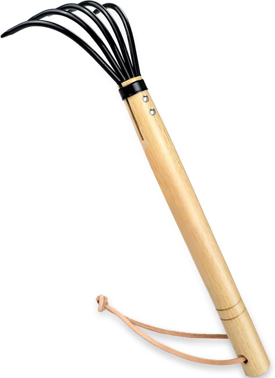15" Gardeners Claw Rake | Military Grade Steel 6 Tines and Prime Wood Japanese Ninja Claw Garden Rake or Cultivator for Perfect Pulverized and Aerated Soil, Ergonomic Wooden Handle for Firm Grip