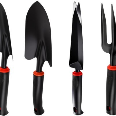 4-Piece Heavy-Duty Garden Tool Set, Wide & Narrow Trowel, Root Remover, 3-Tine Cultivator, Hand Rake with Soft Rubber Non-Slip Handle, Idea Gift for Women, Mother