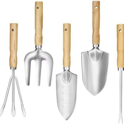 Garden Tool Set, 5 Piece Stainless Steel Gardening Tools with Wooden Handles Hand Tools with Transplanting Hand Shovel, Rake and Root Picker Ideal for Digging and Planting.