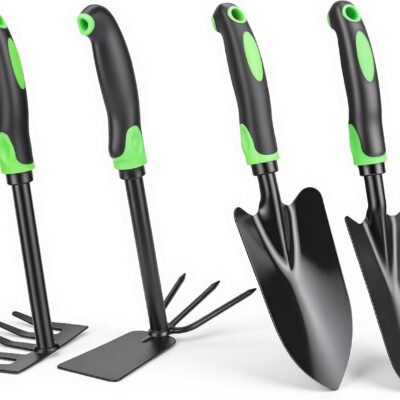 4-Piece Garden Tool Set, Heavy Duty Gardening Hand Tools with Soft Rubber Handle,Green,Premium Stailess Steel,Include Hand Shovel,Transplant Trowel,Hand Rakes, 2-in-1 Hoe and Cultivator