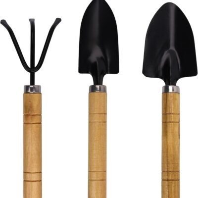 Kids Gardening Tools Set, 3-Piece Shovel Trowel Rake Kit | Wooden Handles, Metal Heads, For Succulents, Pots, Garden Beds, Indoor & Outdoor Use