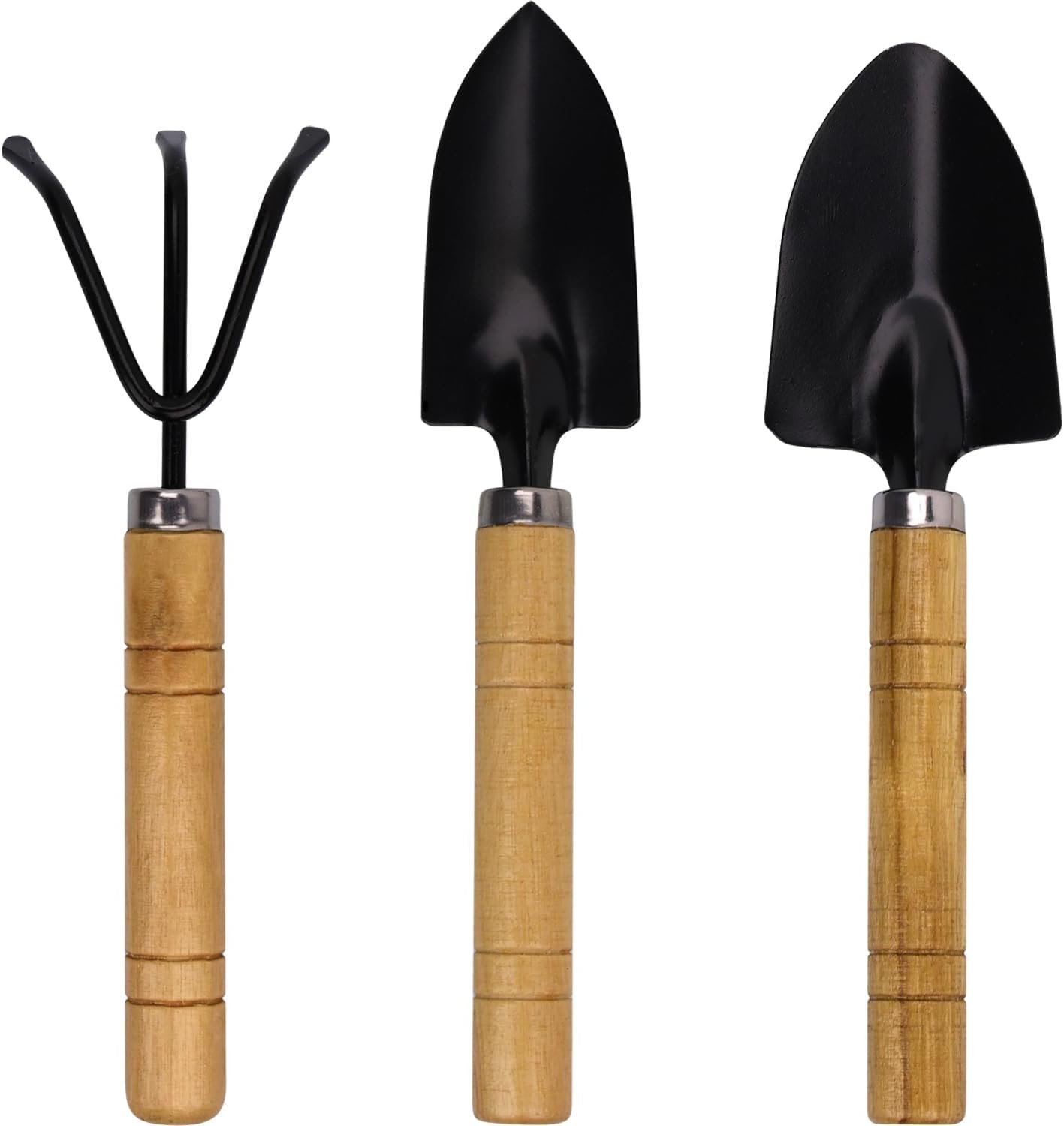 Kids Gardening Tools Set, 3-Piece Shovel Trowel Rake Kit | Wooden Handles, Metal Heads, For Succulents, Pots, Garden Beds, Indoor & Outdoor Use