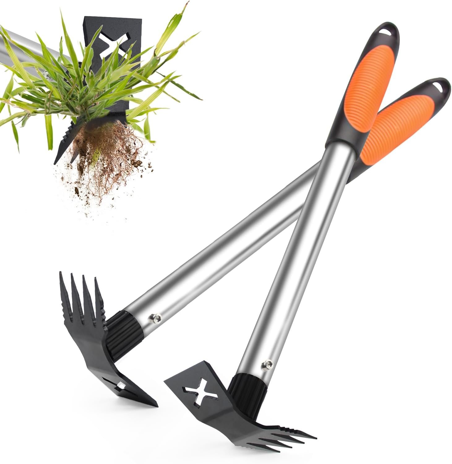 2 in 1 Manual Weeding Rake and Garden Hoe for Yard Lawn Patio Garden | 2 Pack Weed Puller Tool, 17" Long Handle Uprooting Weeder Remover Tool, Portable Gardening Hand Tools for Flower Planting