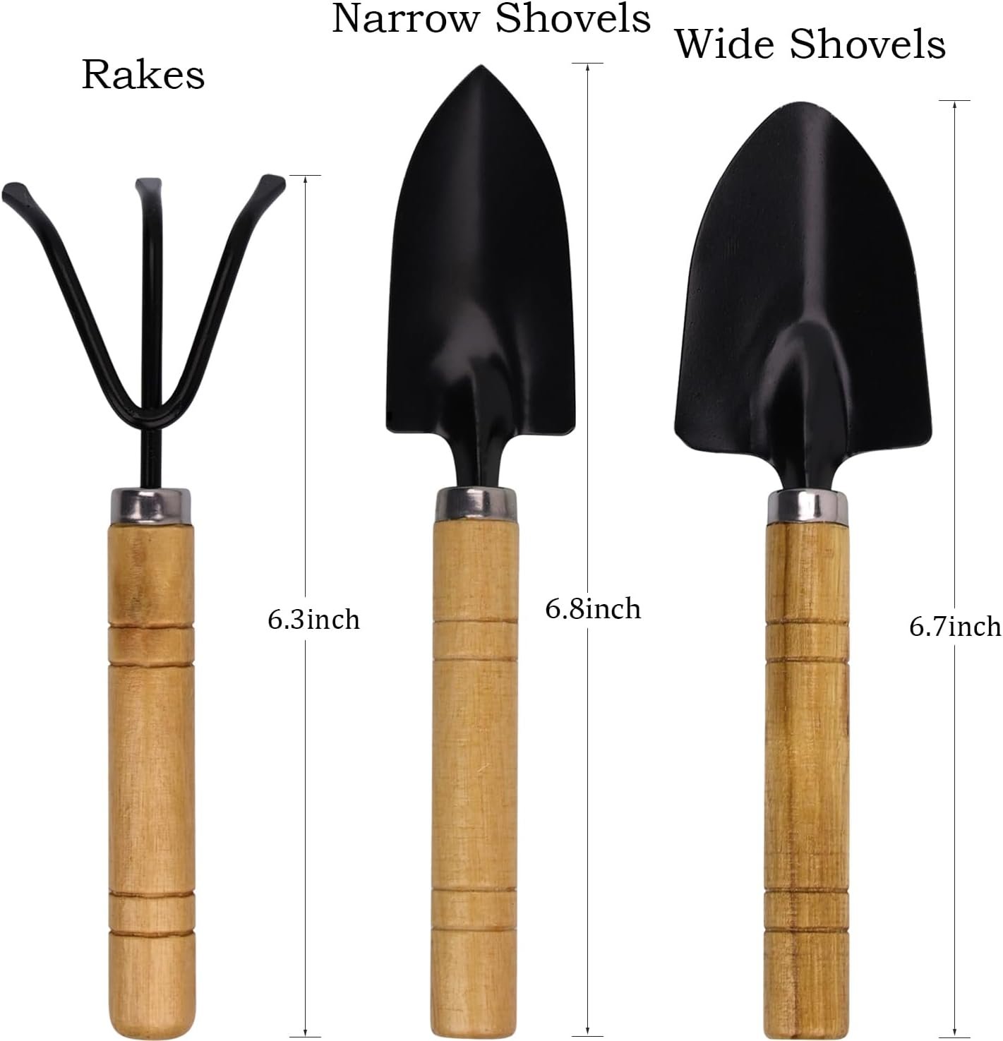 Kids Gardening Tools Set, 3-Piece Shovel Trowel Rake Kit | Wooden Handles, Metal Heads, For Succulents, Pots, Garden Beds, Indoor & Outdoor Use