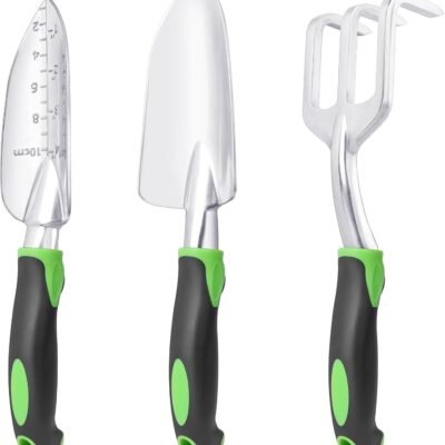 Garden Tools Set, 3 Pack Heavy Duty Gardening Tools Set Include Garden Shovel, Transplant Trowel and Hand Rake with Ergonomic Non-Slip Handle, Aluminum Alloy Lawn and Garden Hand Tools for Planting
