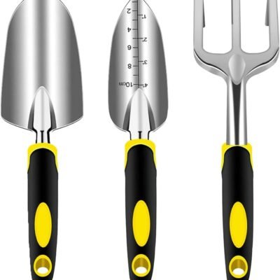 Garden Tool Set, 3 Piece Gardening Tools Includes Garden Trowel, Transplant Trowel and Hand Rake with Non-Slip Ergonomic Handle, Heavy Duty Garden Kit for Planting, Garden Gifts, Yellow