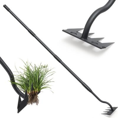 Manual Weeder Tool,4 Tines Garden Weeding Rake with Sharp Blade,55 Inch Long Handle,Heavy Duty Stand Weeding Tool for Weeding Loosening Soil Gathering Leaf Leveling Thatch Rake