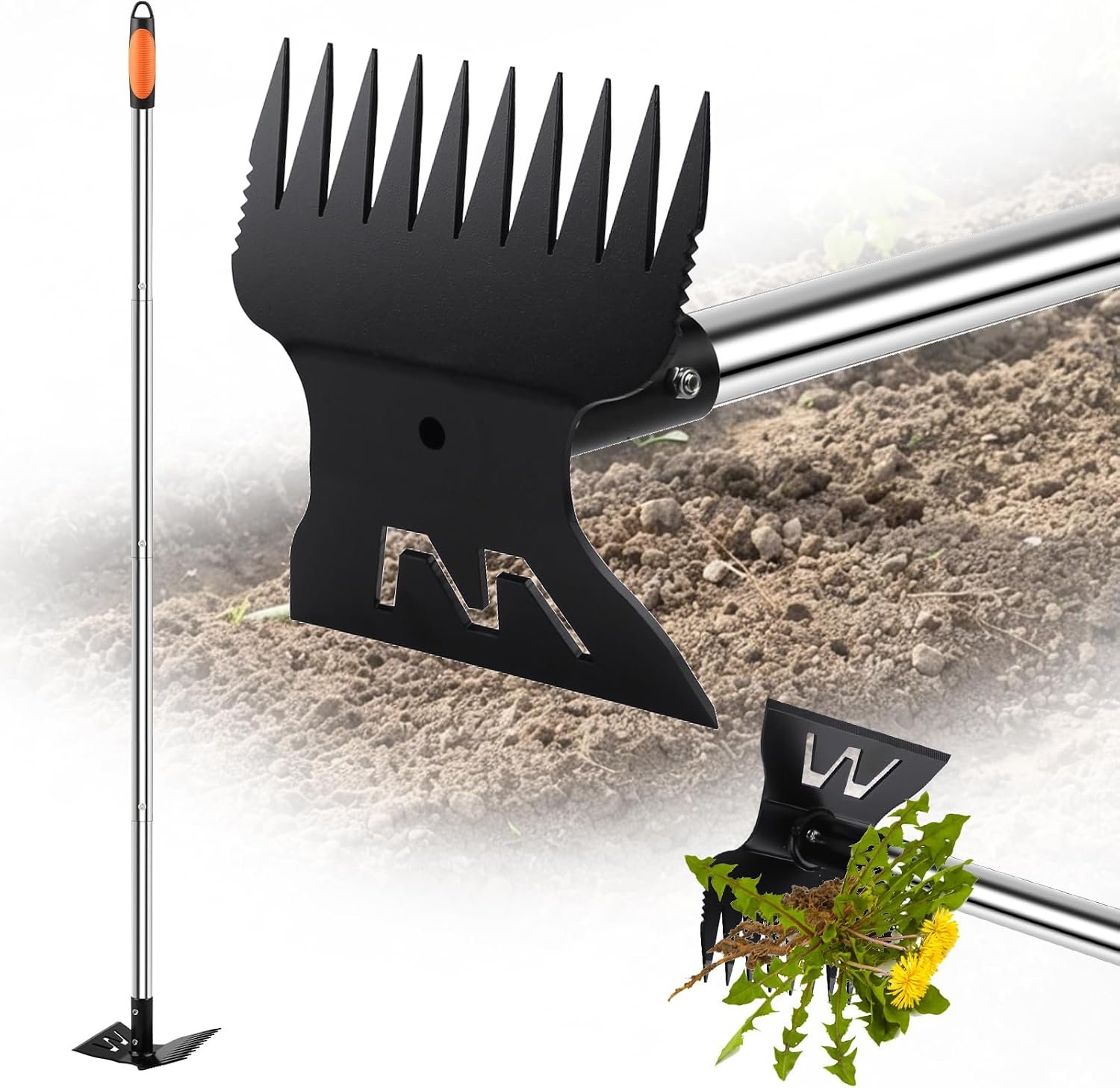 Larger Weed Puller Tool with Long Handle, 2-in-1 Heavy Duty Weed Rake & Hoe | 10 Teeth Weeding Rake, 57" Long Handle Garden Hoe, Weed Remover Hoe Garden Tool for Weeding, Manual Weeder for Garden, Patio