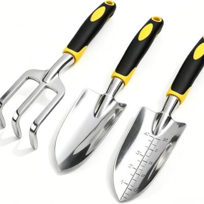 Stainless Steel Garden Tool Set??3 Pieces, Including Hand Shovel & Transplant Shovel & Hand Rake with Non-Slip Soft Ergonomic Handle (Yellow)