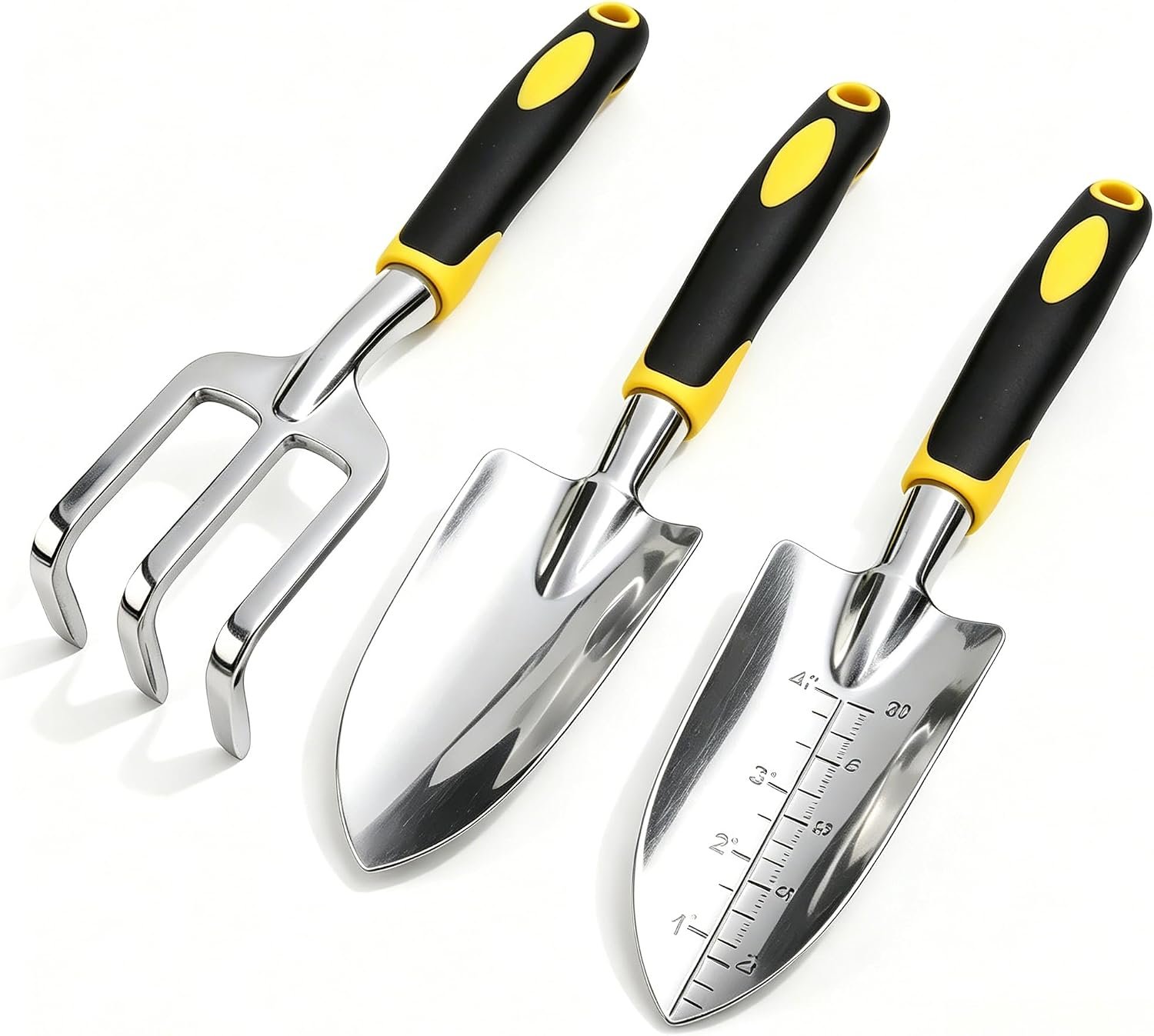 Stainless Steel Garden Tool Set??3 Pieces, Including Hand Shovel & Transplant Shovel & Hand Rake with Non-Slip Soft Ergonomic Handle (Yellow)