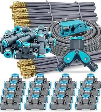 Drip Irrigation System, 100Ft 5/16 Inch Hose, 30 Adjustable Copper Nozzles, Automatic Atomizing Watering Kit for Greenhouse, Outdoor, Raised Bed, Lawn