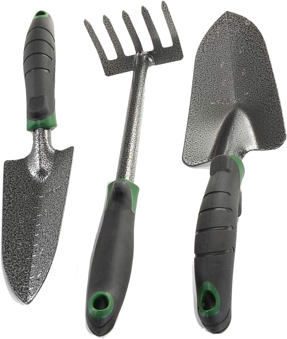 Garden Tool Set - Heavy Duty Carbon Steel Trowel, Transplanter, Hand Rake - 3 Piece Garden Tool Set with Bend-Proof Design - Ergo Rubber Grip Handles