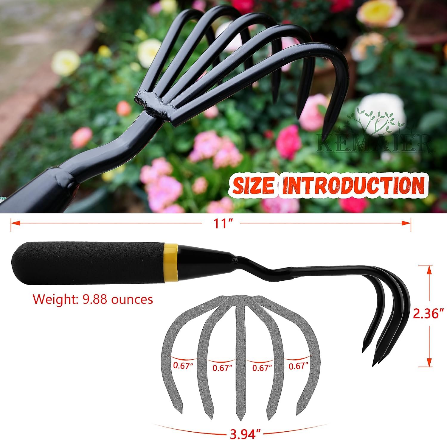 Hand Rake Cultivator - 5-Claw Heavy Duty Stainless Steel Tool | Sharp Wolf-Claw Design, Narrow Tine Spacing, For Sifting Stones And Roots