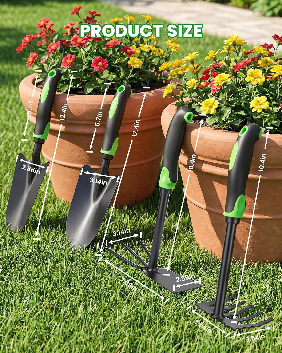 4-Piece Garden Tool Set, Heavy Duty Gardening Hand Tools with Soft Rubber Handle,Green,Premium Stailess Steel,Include Hand Shovel,Transplant Trowel,Hand Rakes, 2-in-1 Hoe and Cultivator