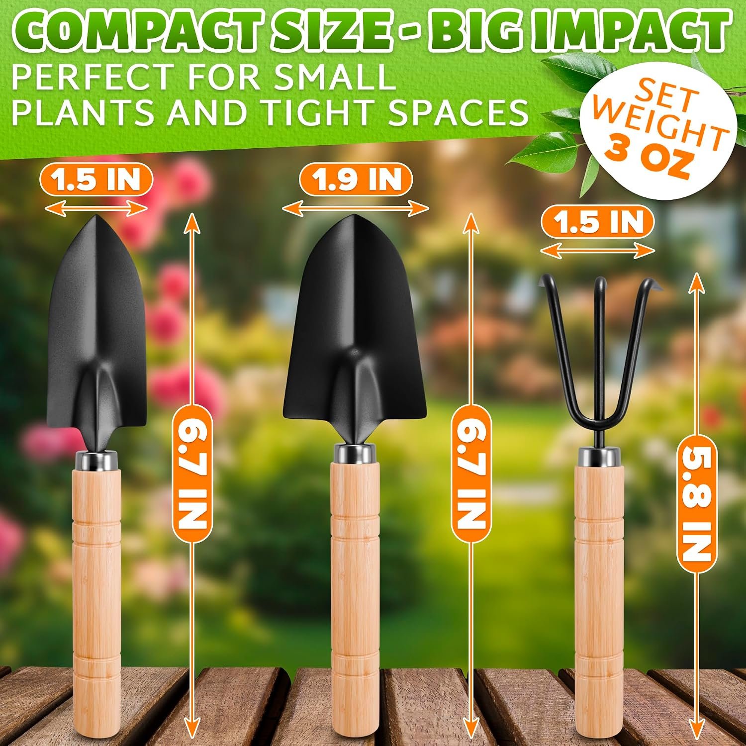 Mini Garden Tools for House Plants, Mini Shovel, Trowel & Hand Rake | Small Garden Tools for Potted Plants, Bonsai and Succulents; Rust-Resistant Heads; Wood Handles; Repotting and Soil Loosening