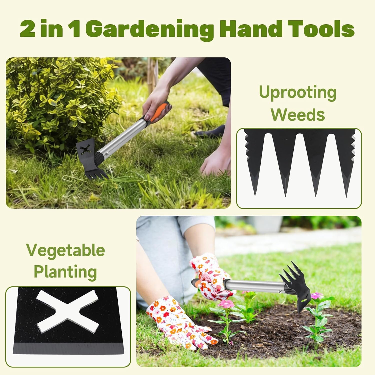 2 in 1 Manual Weeding Rake and Garden Hoe for Yard Lawn Patio Garden | 2 Pack Weed Puller Tool, 17" Long Handle Uprooting Weeder Remover Tool, Portable Gardening Hand Tools for Flower Planting