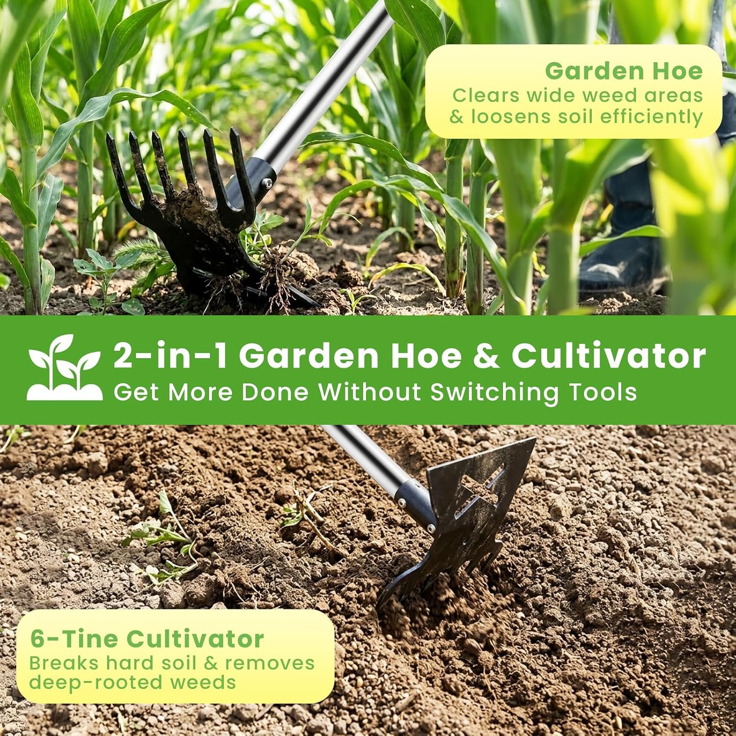 2 in 1 Garden Hoe for Weeding and Cultivator Rake with 57" Long Handle | Heavy Duty Garden Weeders and 6-Tine Cultivators, Adjustable Handle Hoe Garden Tool for Weeding, Planting, Loosening Soil