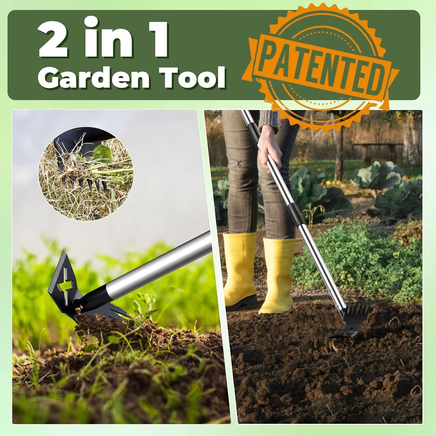 Weed Puller Tool with Long Handle, Heavy Duty Garden Hoe and Rake | 60" Manual Weeder Remover Tool, 2 in 1 Weeding Rake & Hoe for Gardening, Uprooting & Pulling Tool for Yard Lawn Patio Garden