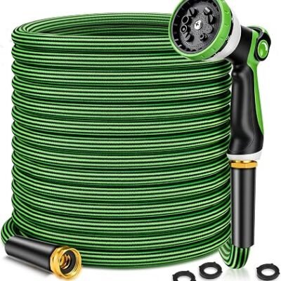 Kink-Resistant Green Garden Hose with Spray Nozzle