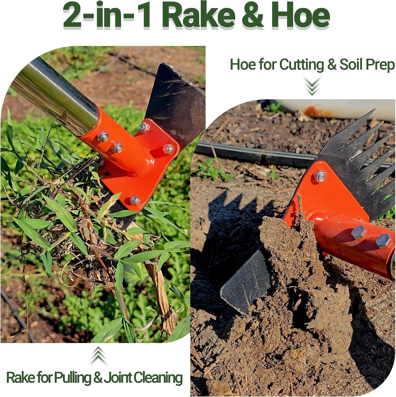 2-in-1 Garden Hoe and Weed Puller Rake 60 Inch Spring Steel Head | Adjustable Long Handle Weeding Tool Heavy Duty Sand Texture Finish, Weed Remover for Garden, Yard, Lawn, Driveway