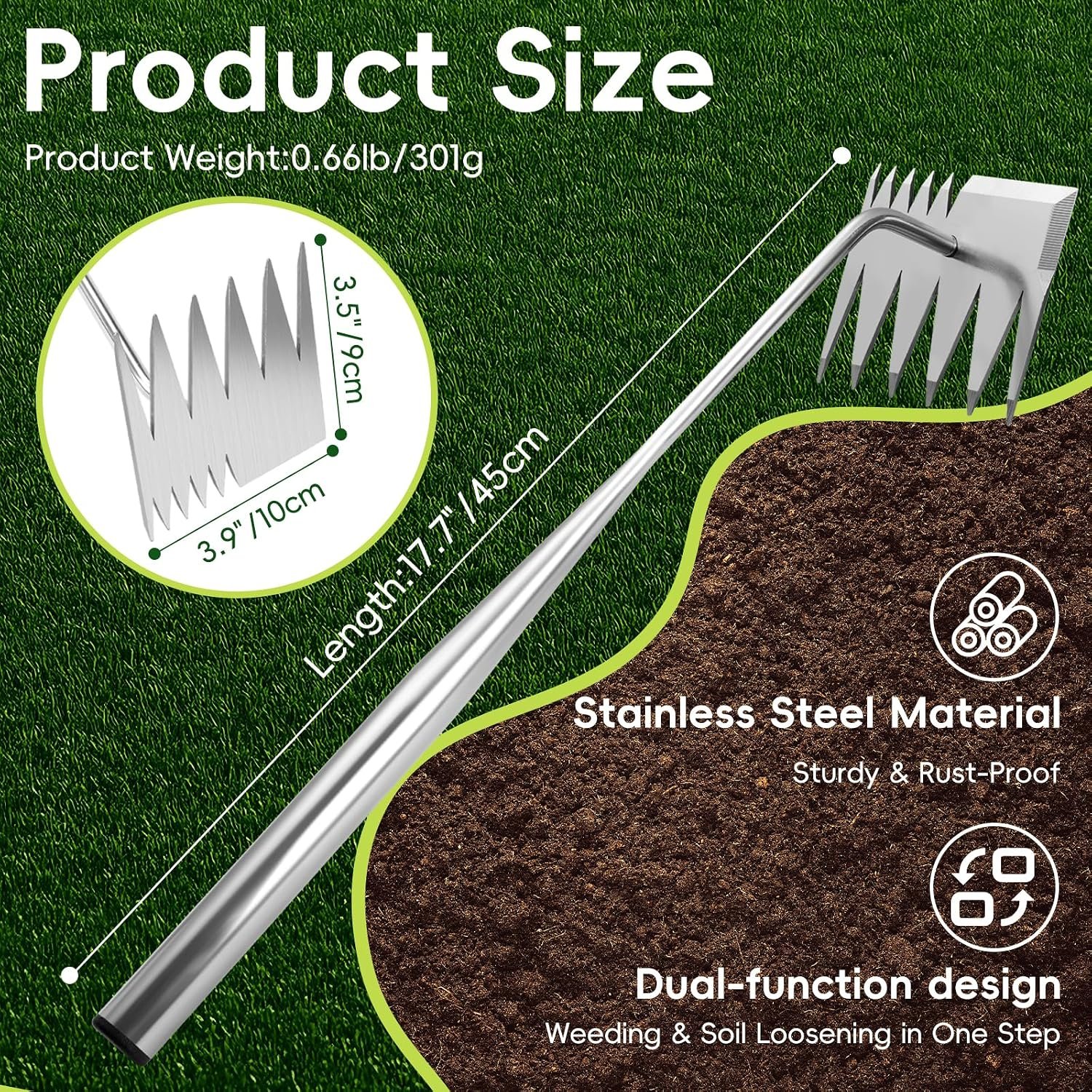 Weed Puller Tool,Upgraded 6 Teeth Portable Manual Weeding Tools Gardening | Dual Head Stainless Steel Hand Garden Weeding Rake,Multi-Purpose 17.7" Weed Remover Tool Weeding Tools for Gardening